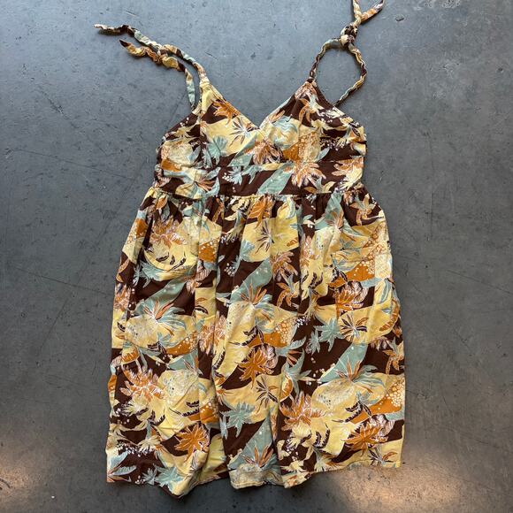 Vintage Dresses & Skirts - Vintage Y2k Yellow Brown Palm Floral Tropical Summer Cami Tank Top Dress Medium